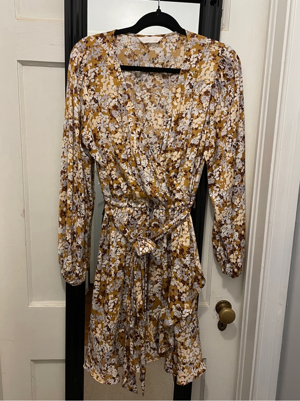 Lauren Conrad Long-Sleeve Floral Wrap Dress in Mustard - Women's Tie-Waist Dress